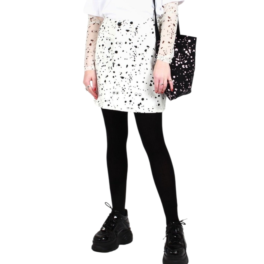 LAZY OAF x Studio Arhoj white paint splatter dalmation dot denim mini skirt 28/6